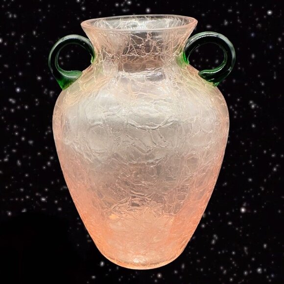 Pink Crackled Art Glass Vase with Applied Green Handles Textured Surface 8”T 3”W - Picture 5 of 13